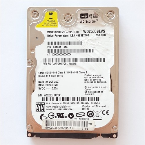 Hard Disk Interno Laptop WD 250GB 2.5" SATA – WD2500BEVS-60UST0 (Usato, Testato, Garanzia 30 Giorni)