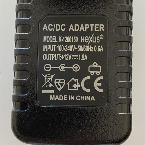 Hexus 12 Volt -1.5 Amper Model K1200150 Adaptör. Dış : 5.1 mm - İç : 2.1 mm Uç Boyutu