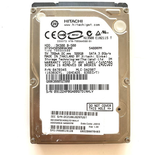 Hitachi 500GB Sata Notebook Harddisk, Model No - HTS545050B9A300